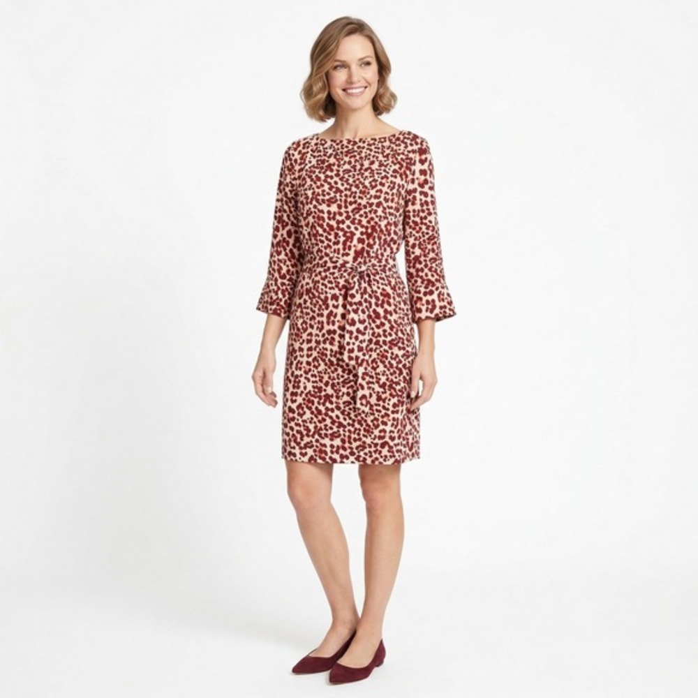 HM Womens 8 Burgundy Leopard Print Bell Sleeve Shift Dress Belted Mod Retro Fall